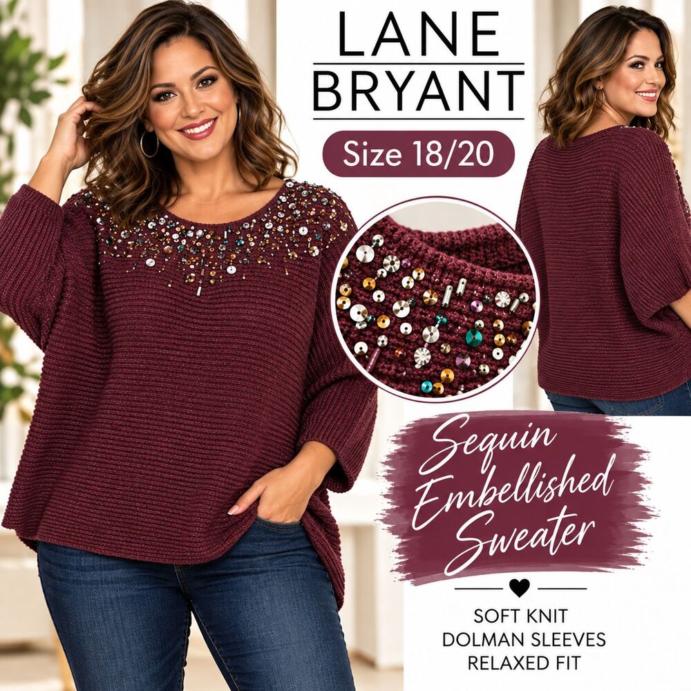 Lane Bryant Womens 18/20 Burgundy Sequin Embellished Knit Sweater Dolman Sleeve